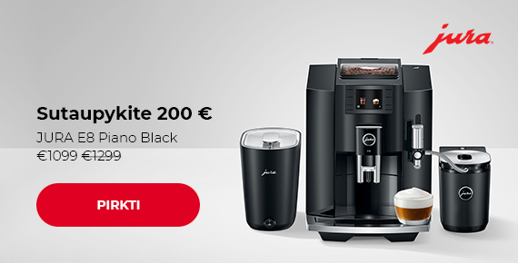 "Ypatinga kaina JURA E8 Piano Black € 1099 €1299"