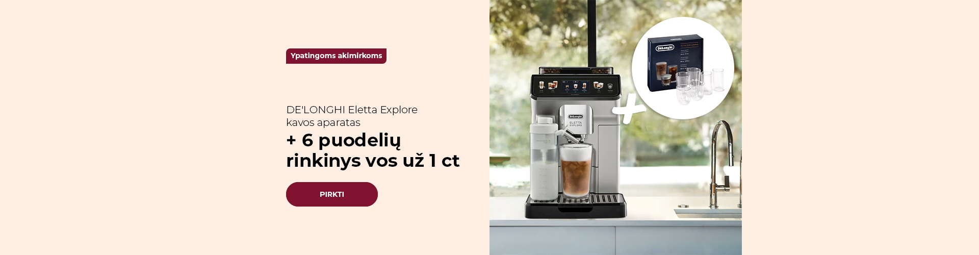 DE'LONGHI Eletta Explore kavos aparatas + 6 puodelių rinkinys vos už 1 ct